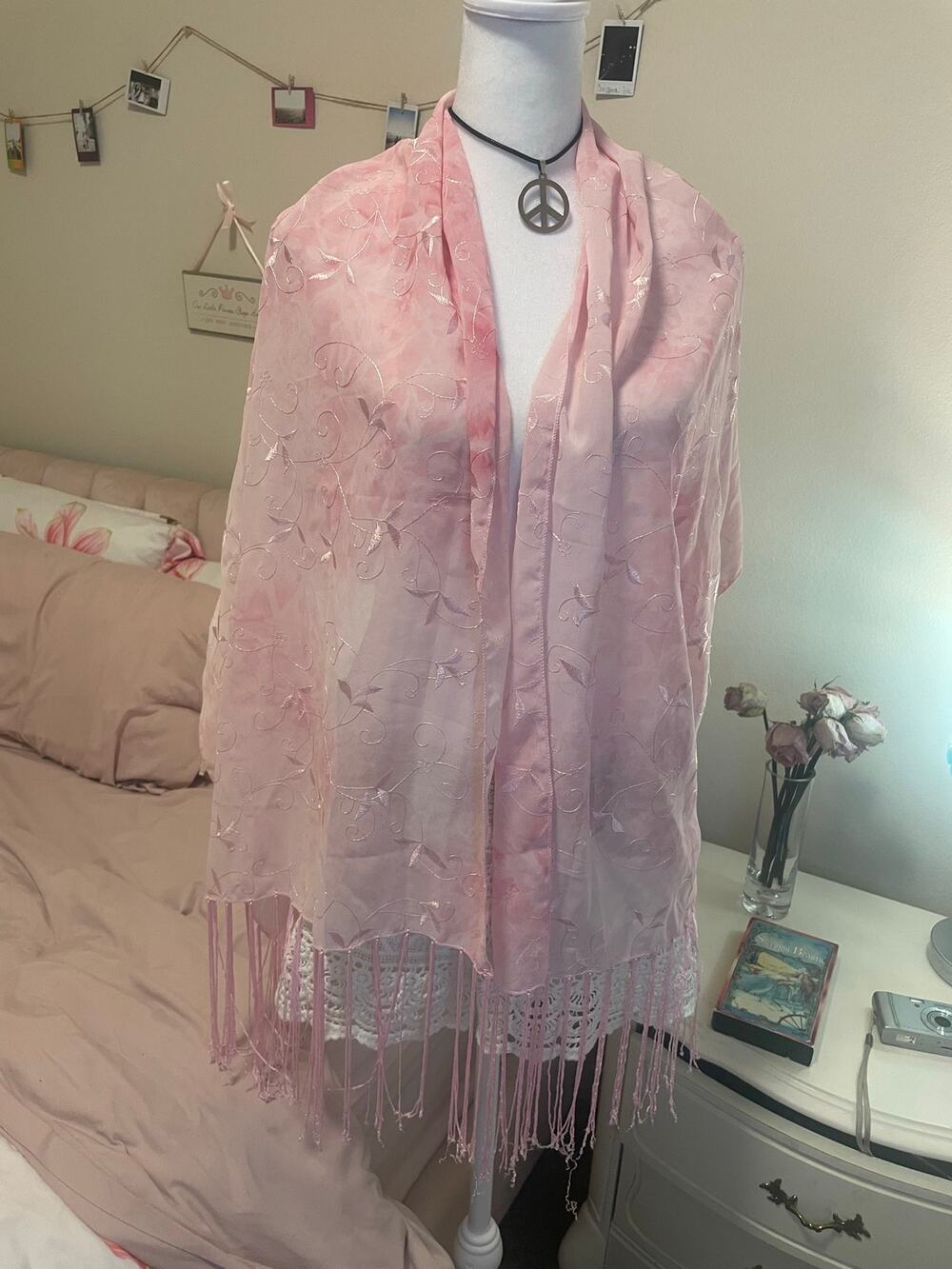 (Sold)pink tye die embroidered fringe scarf
